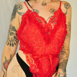 Vintage 80's Bright Red Lacey thong Bodysuit off the shoulder
